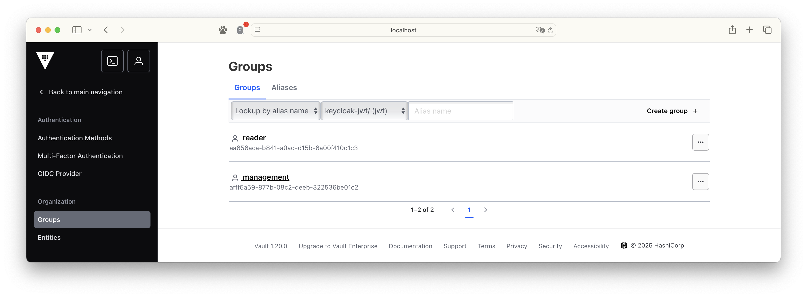 Vault에 구성된 Keycloak Role과 맵핑되는 Vault Groups